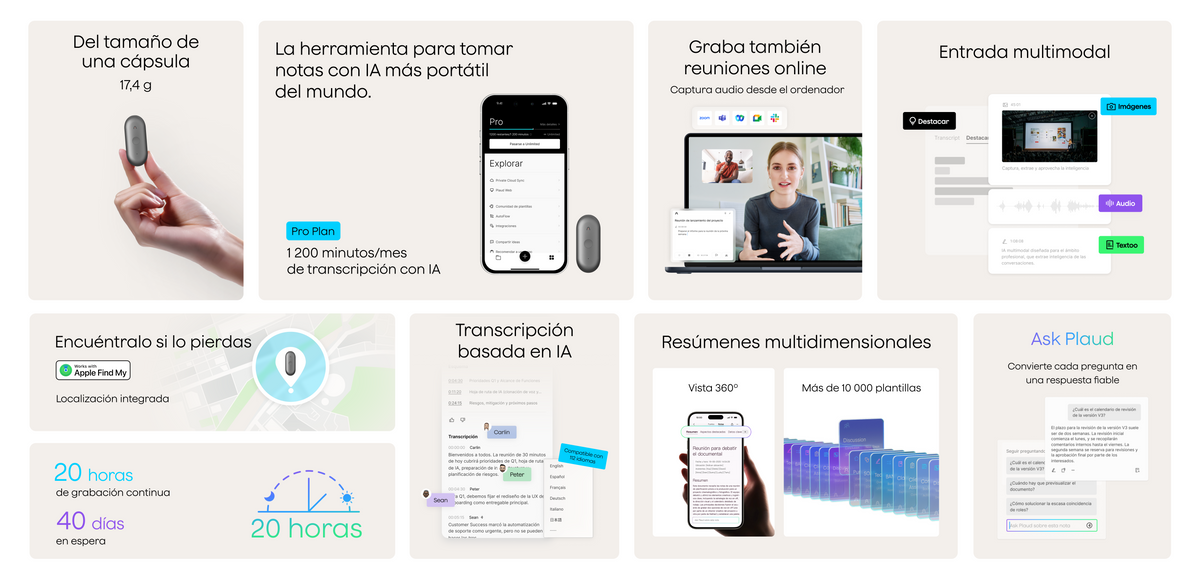 Plaud NotePin S gris: portátil, transcripción IA, graba reuniones, entrada multimodal, localización, batería, resúmenes y Ask P