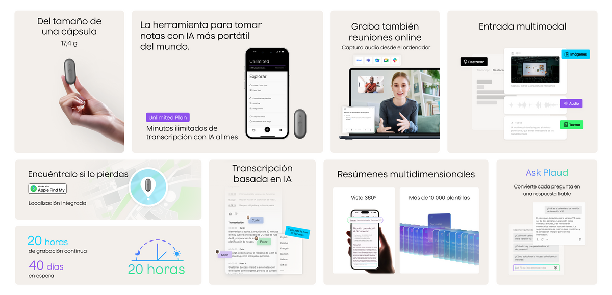 Plaud NotePin S : tamaño compacto, grabación de reuniones, transcripción IA, Find My, batería, resúmenes y Ask Plaud.