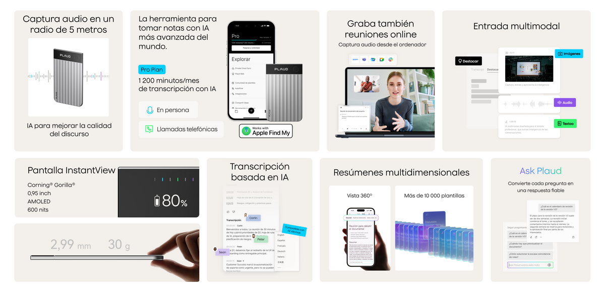 Plaud Note Pro plateado y la app Plaud, mostrando captura de audio, transcripción IA, grabación de reuniones y resúmenes.