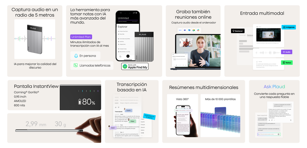 Características del Plaud Note Pro: captura de audio, transcripción IA, resúmenes, reuniones online, pantalla y diseño delgad