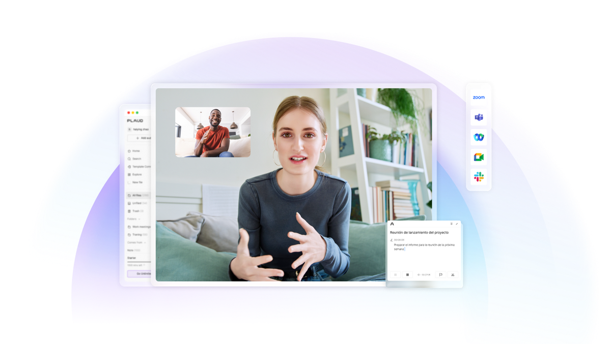 Mujer en videollamada con Plaud App, mostrando integración con Zoom, Teams y otras herramientas de comunicación.