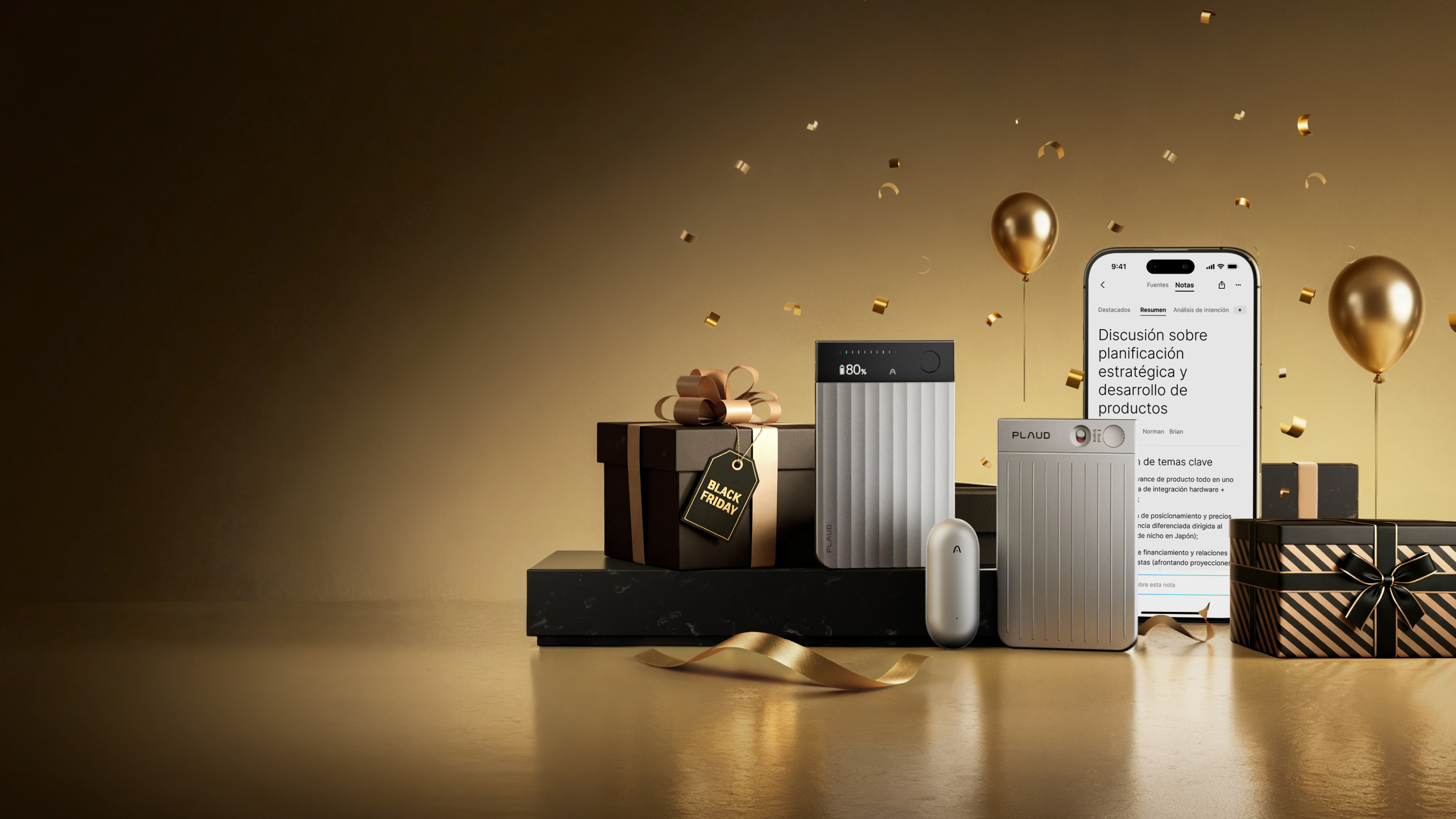 <span class="bfs-desc">Oferta Black Friday</span>
<span class="black-friday-sale">
    Hasta un <span class="highlight">20%</span> <br>de descuento
</span>
<span class="bfs-desc">
    Mejora tu experiencia de toma de notas con Plaud
</span>
<style>
    .bfs-desc {
        display: block;
        font-size: 24px;
        font-weight: 400;
    }
    .black-friday-sale {
        font-size: 64px;
        line-height: 1.5;
    }
    .black-friday-sale .highlight {
        letter-spacing: -0.02em;
        background: linear-gradient(180deg, #F6E2A2 0%, #DEAA65 100%);
        -webkit-background-clip: text;
        -webkit-text-fill-color: transparent;
        background-clip: text;
        text-fill-color: transparent;
        font-size: 92px;
        font-weight: 600;
    }
    @media screen and (max-width:1600px) {
        .black-friday-sale {
            font-size: 52px;
        }
        .black-friday-sale .highlight {
            font-size: 72px;
        }
    }
    @media screen and (max-width: 768px) {
        .bfs-desc {
            font-size: 18px;
        }
        .black-friday-sale {
            font-size: 36px;
        }
        .black-friday-sale .highlight {
            font-size: 56px;
        }
    }
</style>