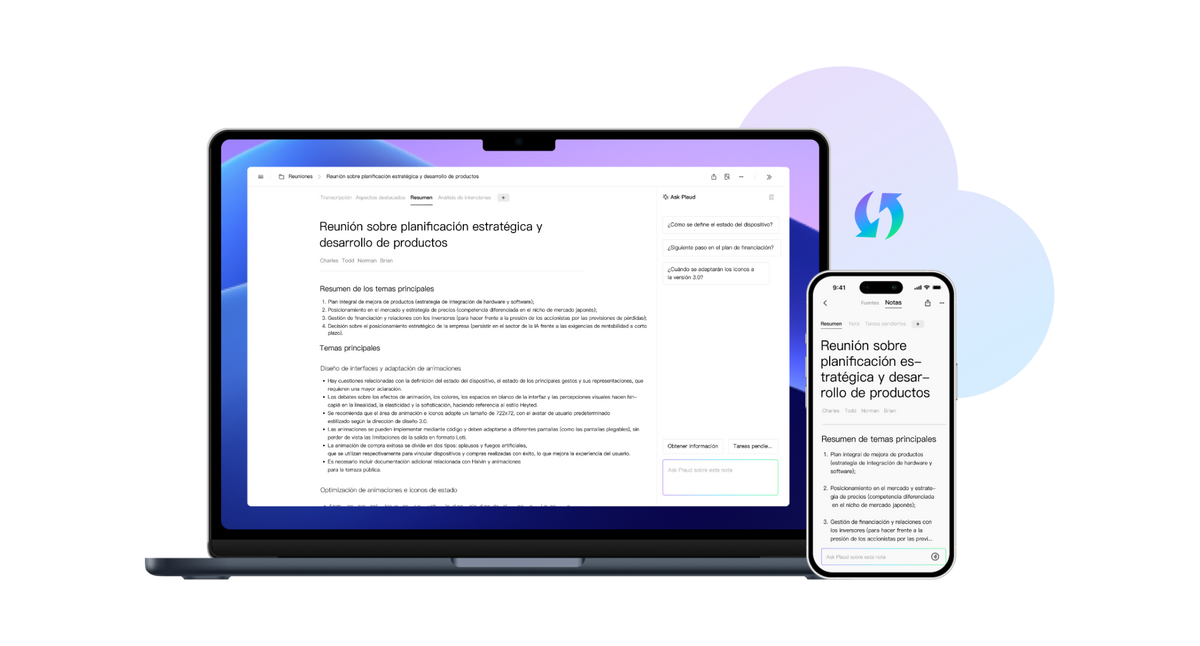 Plaud App/Web mostrando un resumen de reunión sobre planificación estratégica en un portátil y un smartphone, con sincronizac