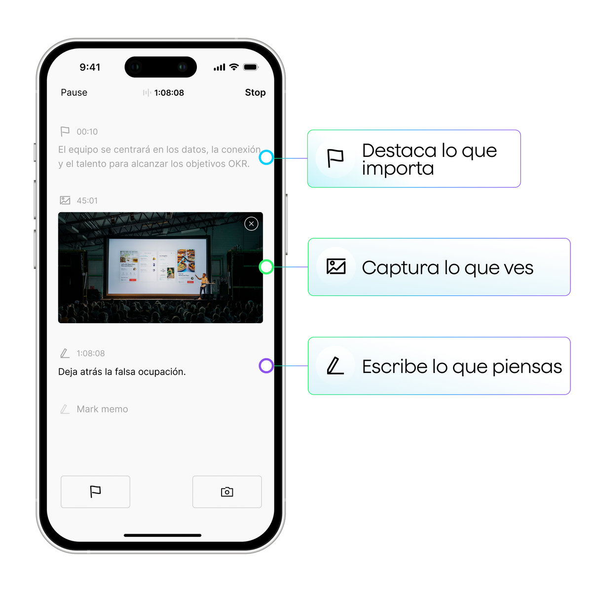 Plaud App: interfaz con transcripción, imagen de presentación y opciones para destacar, capturar y escribir notas.