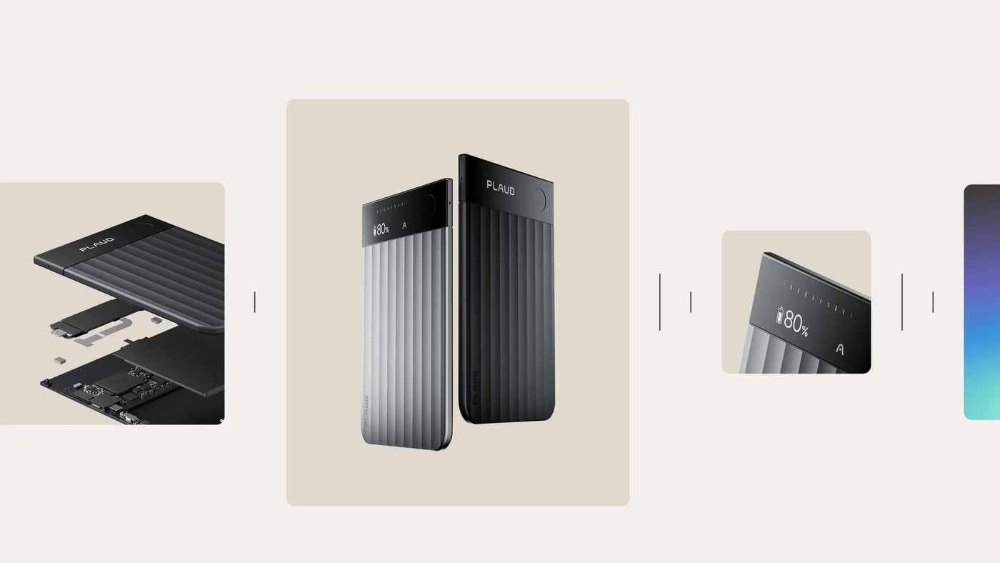 Plaud Note Pro: vista despiezada del modelo negro, dos dispositivos (gris y negro), y detalle de la pantalla con 80% de bater