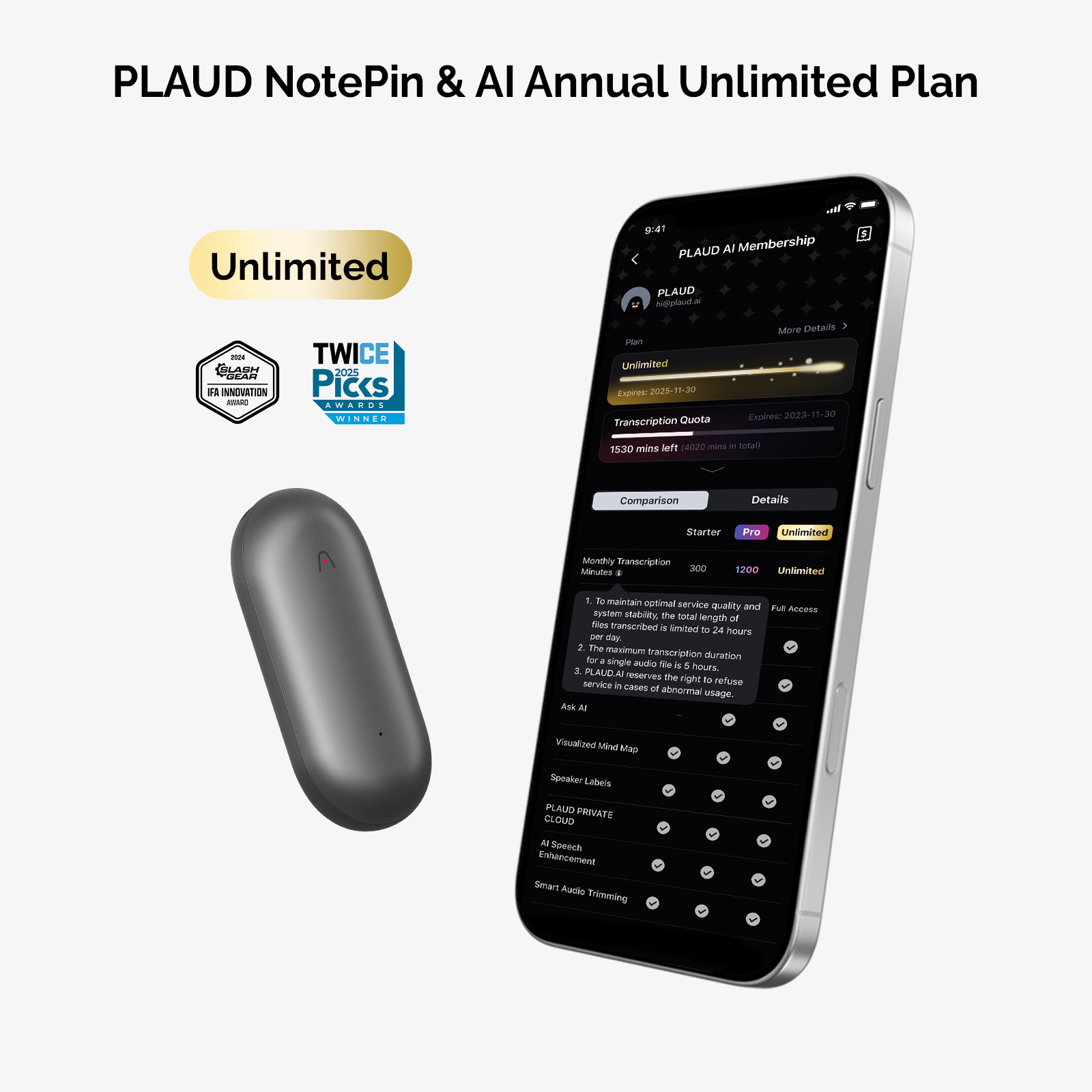 PLAUD NotePin & Plan Ilimitado Anual AI