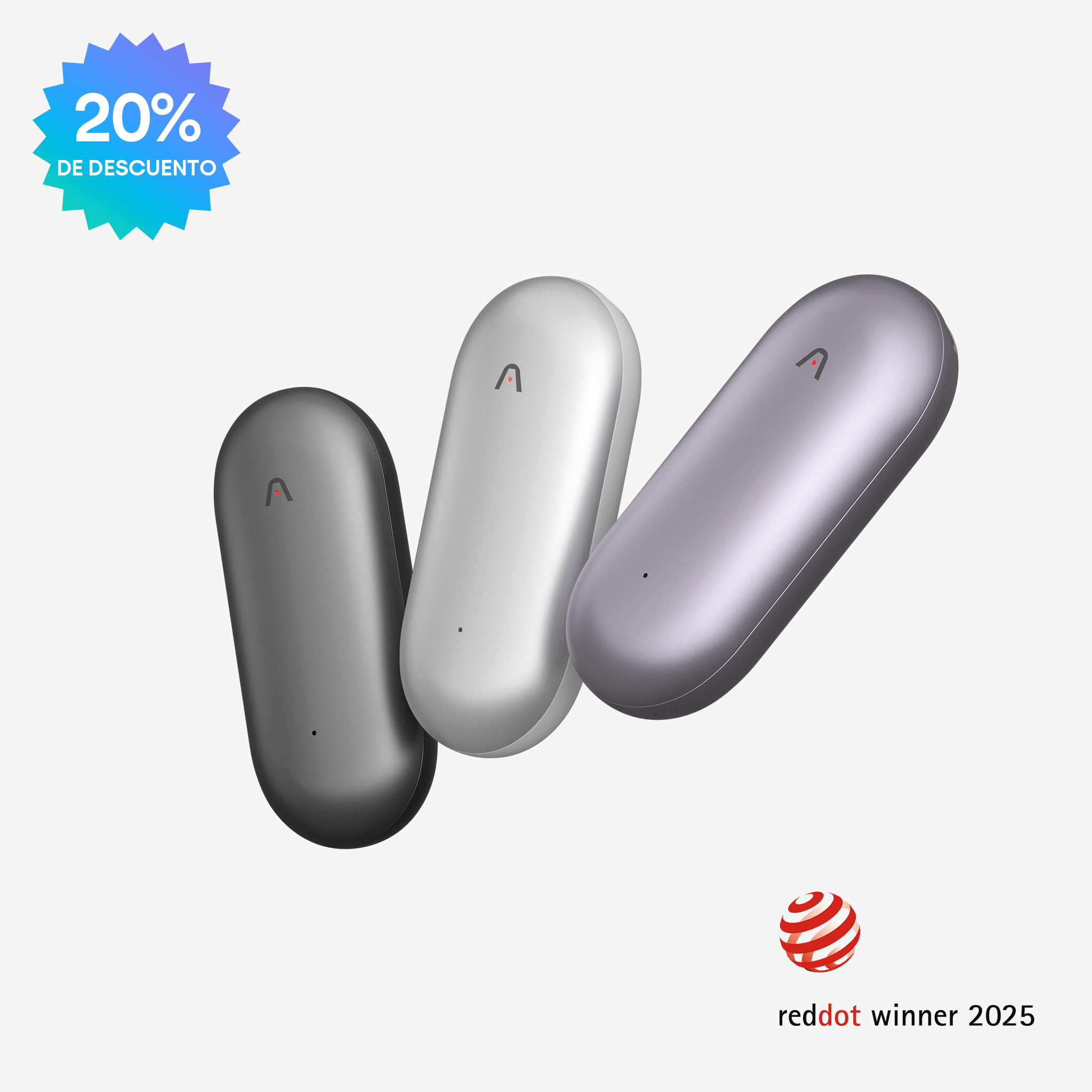 Tres Plaud NotePin en negro, plata y morado, con un 20% de descuento y premio Red Dot 2025.
