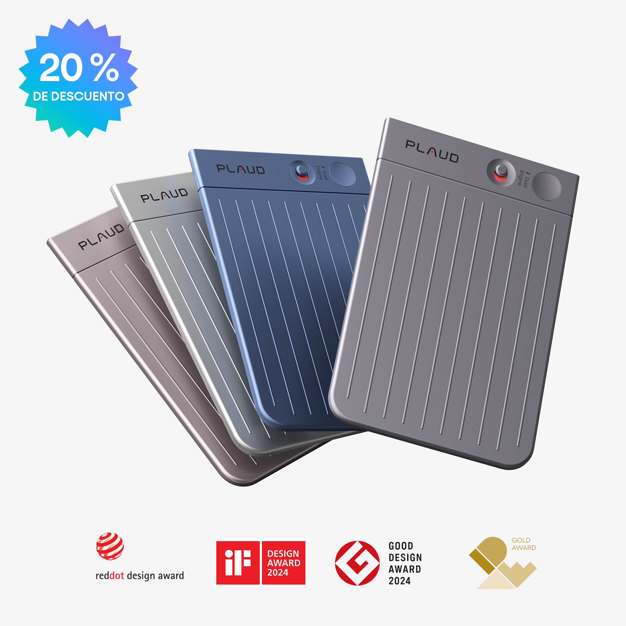 Cuatro Plaud Note Pro en gris, azul, plata y oro rosa, con 20% de descuento y premios de diseño.