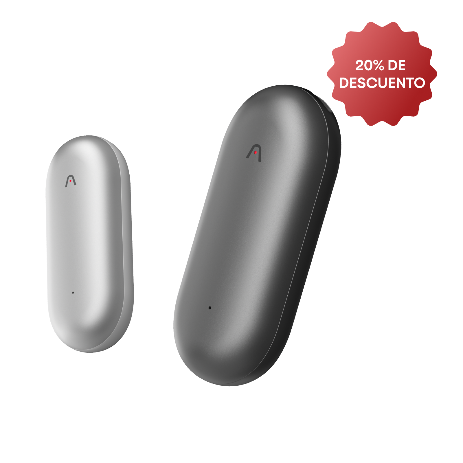 Dos Plaud NotePin, grabadoras de voz AI, en gris claro y negro, con un 20% de descuento.