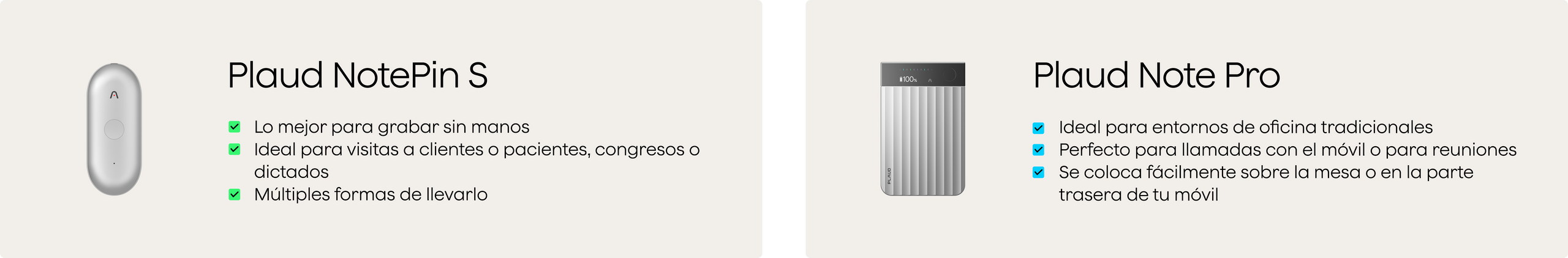 Comparación de Plaud NotePin S plateado y Plaud Note Pro gris, destacando sus características y usos.