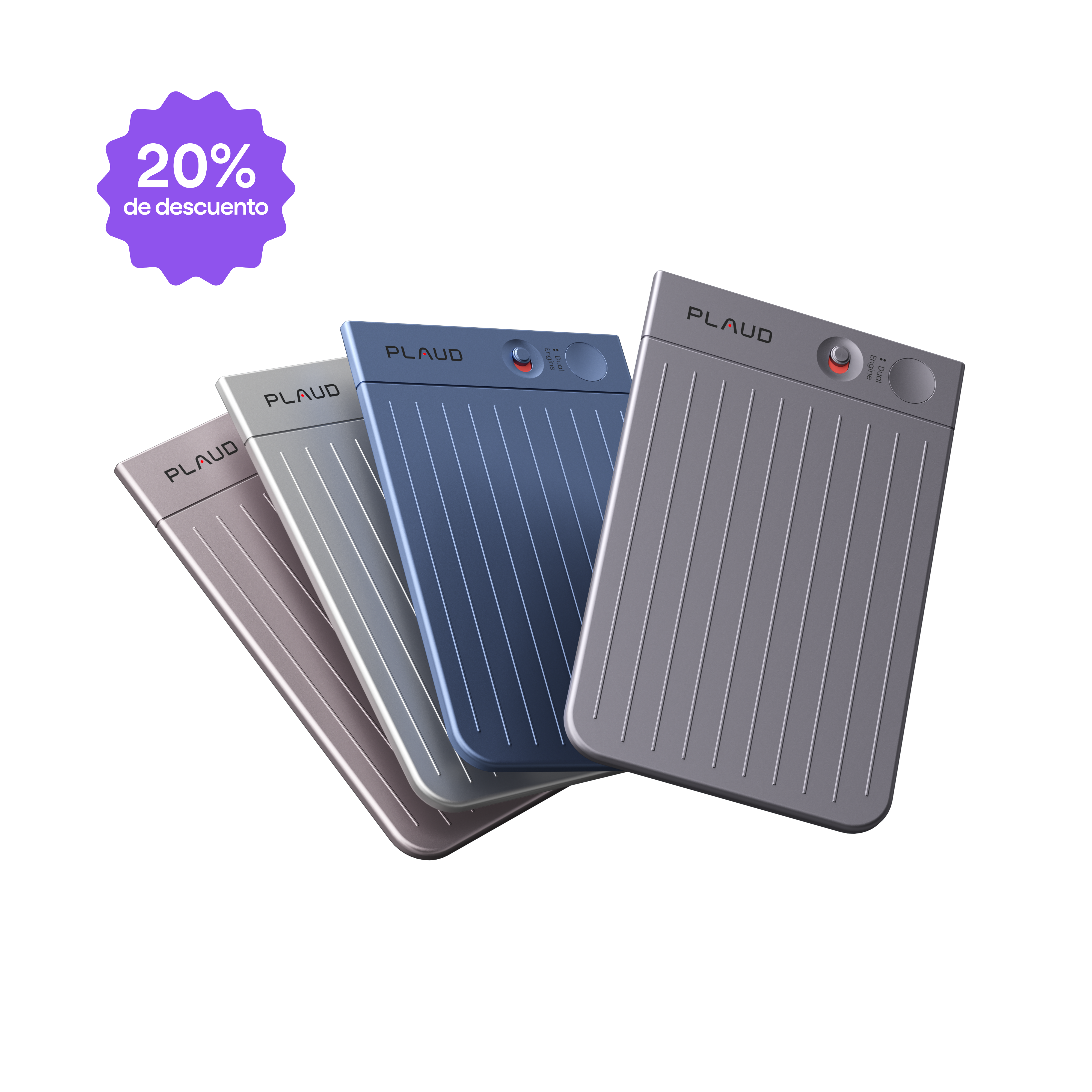 Cuatro Plaud Note Pro en gris, azul, gris claro y gris topo, con un 20% de descuento.
