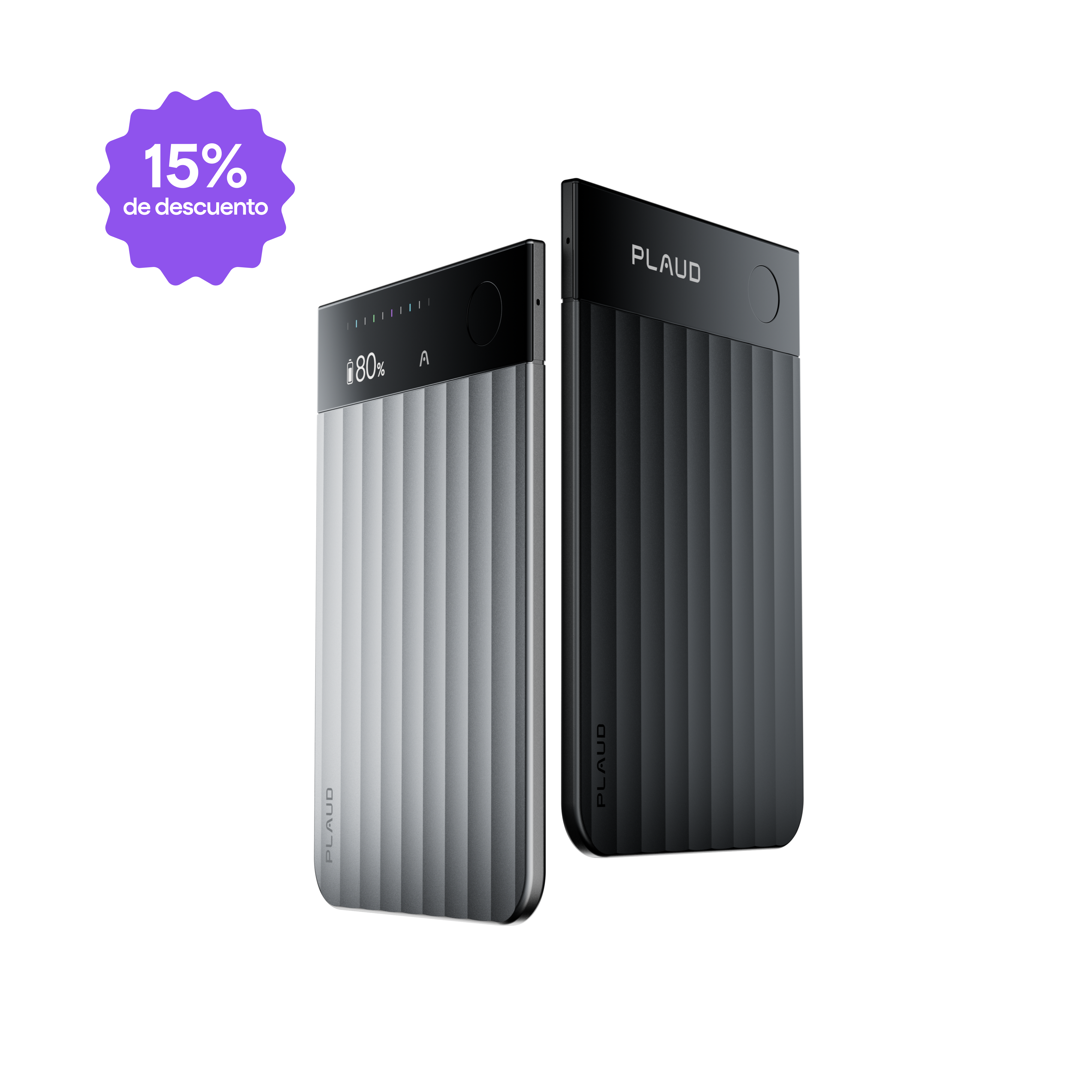 Dos Plaud Note Pro, uno plateado y otro negro, con pantalla y textura acanalada. Incluye 15% de descuento.