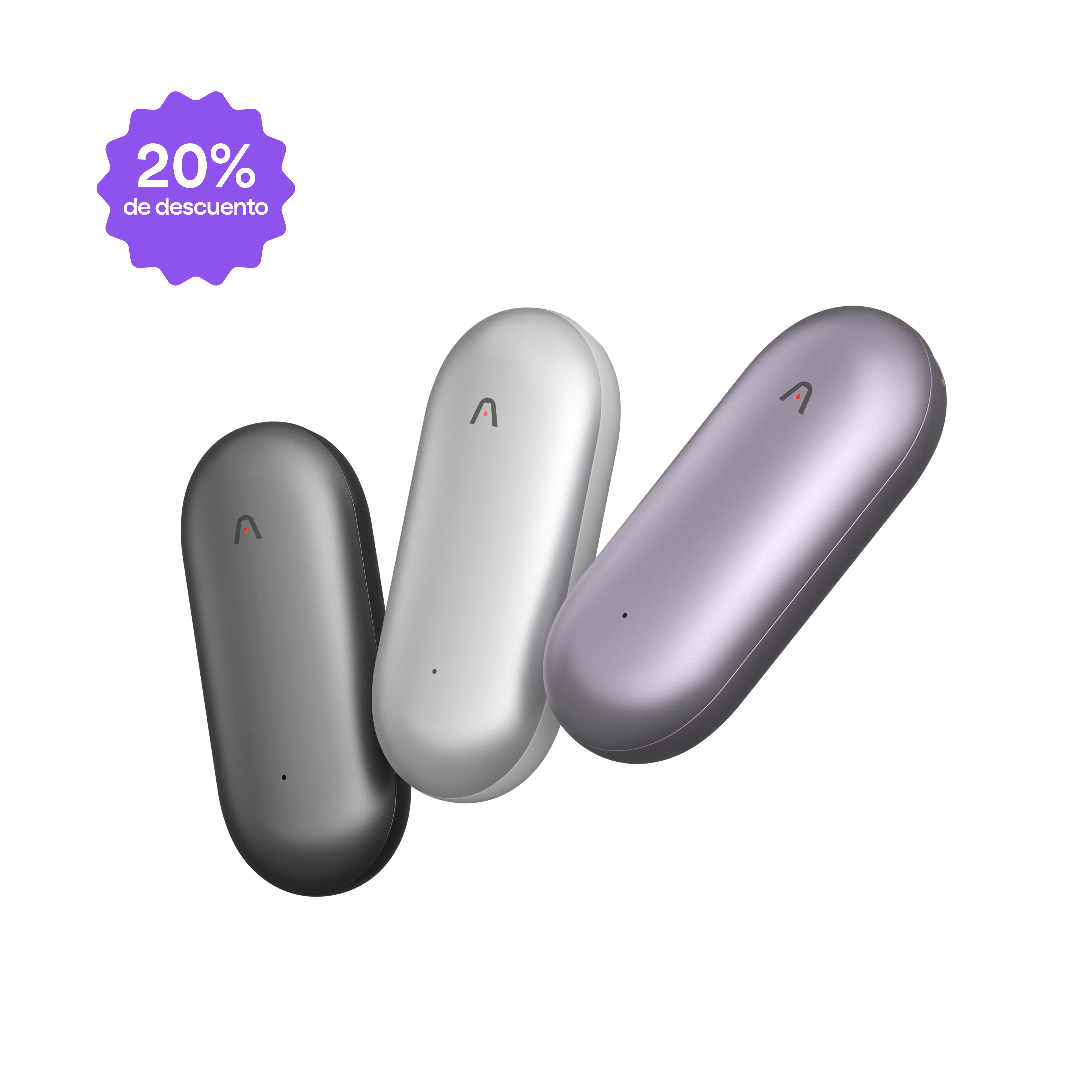 Tres Plaud NotePin S en gris oscuro, blanco y lila, con un 20% de descuento.