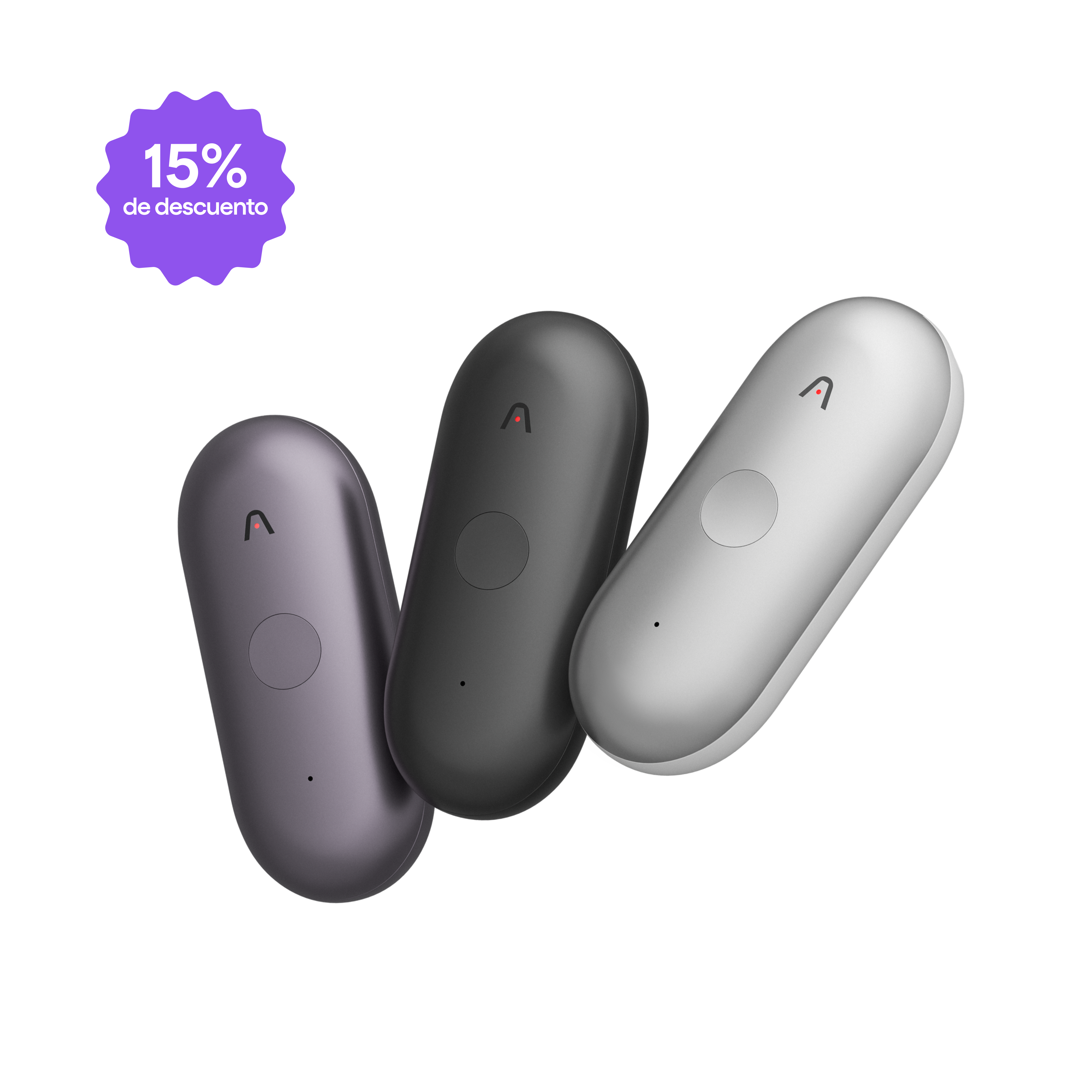 Tres Plaud NotePin en gris oscuro, negro y plata, con un distintivo de 15% de descuento.