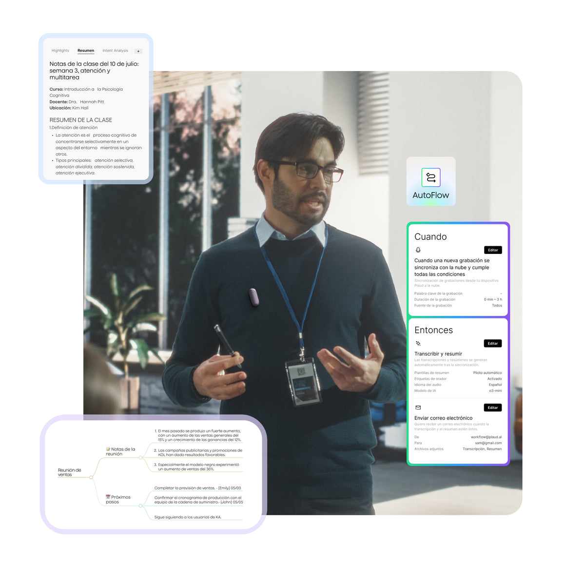Hombre con Plaud NotePin S hablando, con resúmenes de clase, flujos de trabajo AutoFlow y mapas mentales generados por IA.