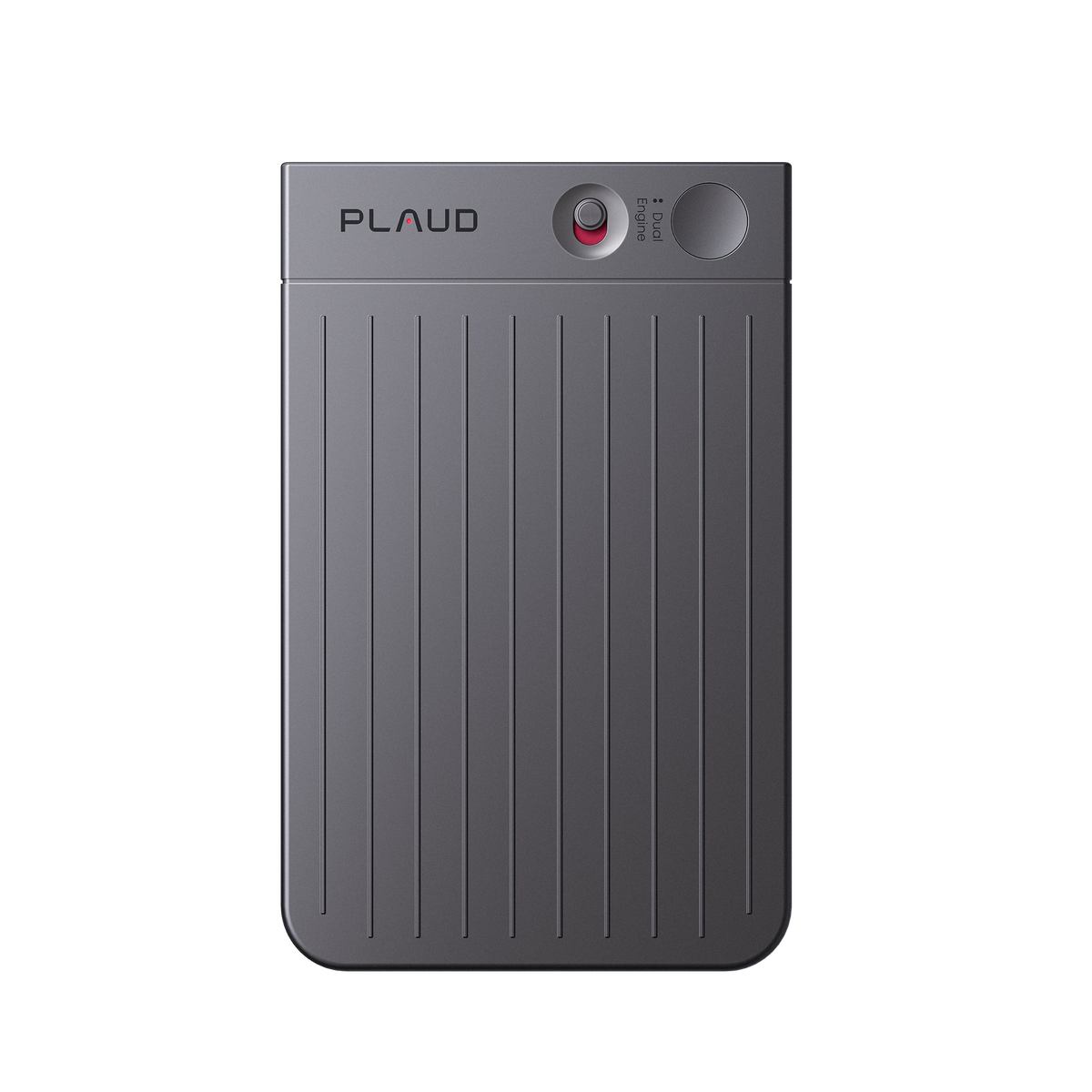 Plaud Note gris oscuro, vista trasera con textura acanalada, logo Plaud y botones de control.