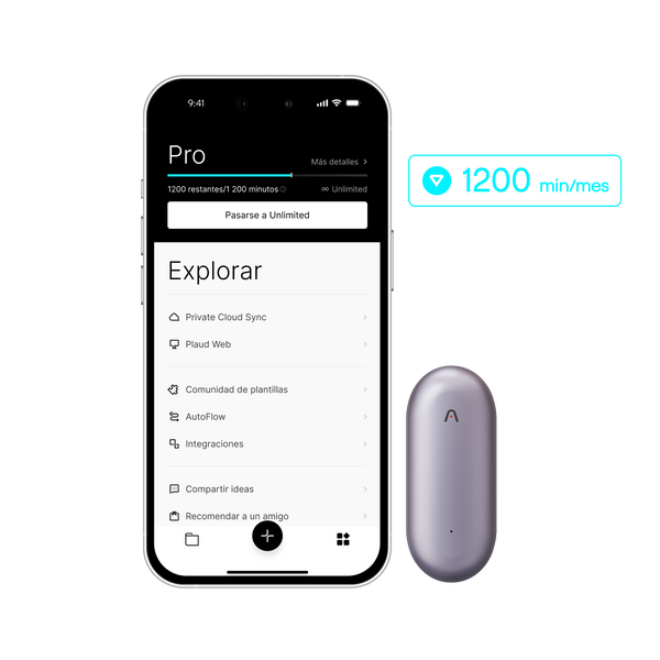Plaud App con plan Pro mostrando 1200 minutos/mes y un Plaud NotePin S plateado.