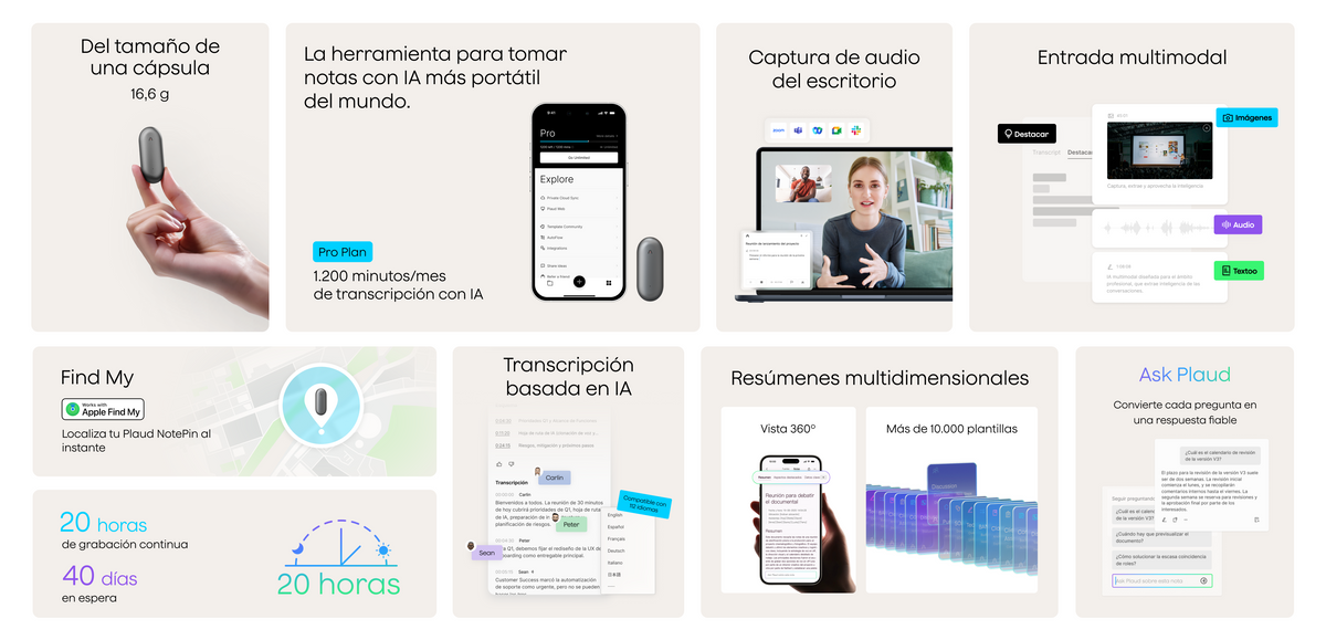 Plaud NotePin y Plaud App: grabadora compacta con transcripción IA, resúmenes, Find My, batería y captura de audio.