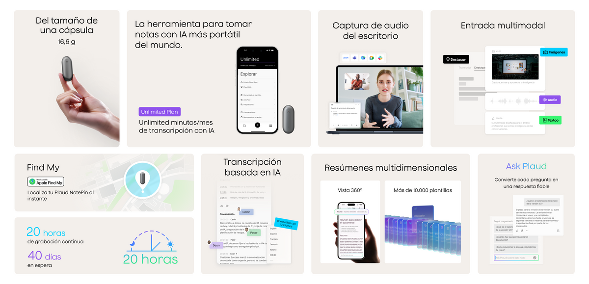 Plaud NotePin gris y sus funciones: tamaño cápsula, 16.6g, Find My, 20h grabación, transcripción IA, resúmenes multidimension