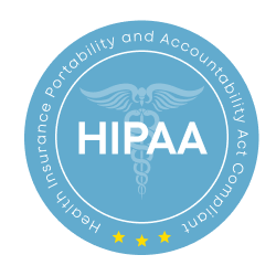 Insignia azul de cumplimiento HIPAA con el símbolo del caduceo y tres estrellas.