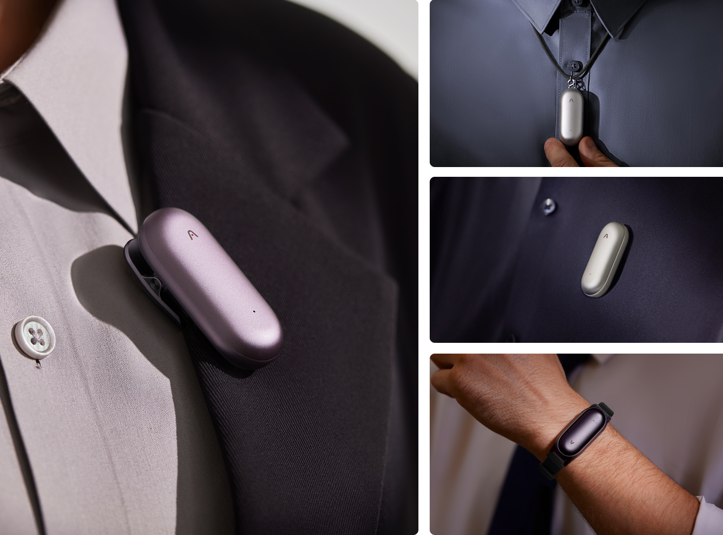 Plaud NotePin lavanda, plata y negro, usado como pin en la ropa, collar y pulsera, mostrando versatilidad.